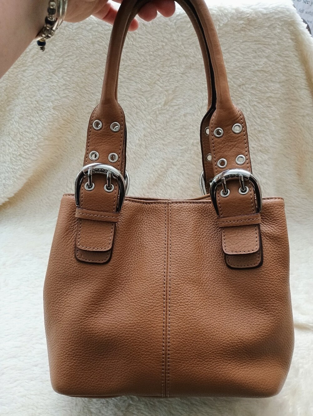Tignanello Vintage Brown Pebbled Leather Satchel Bag Silver Buckle Grommet Y2K